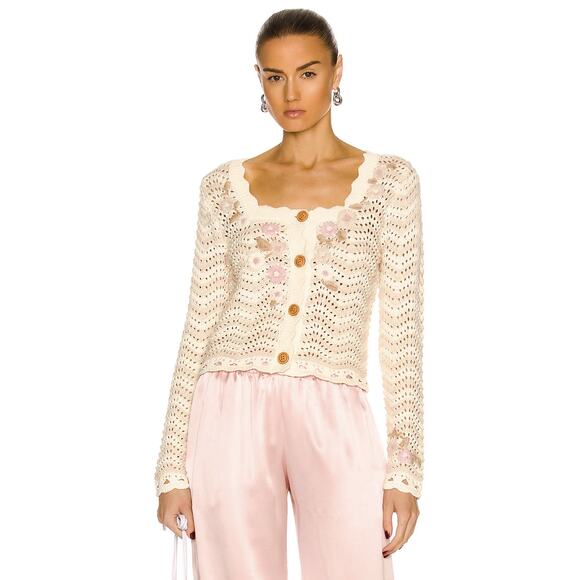 LoveShackFancy Leonel Ivory Cardigan, Open Cotton Knit, Embroidered Florals - Picture 1 of 16
